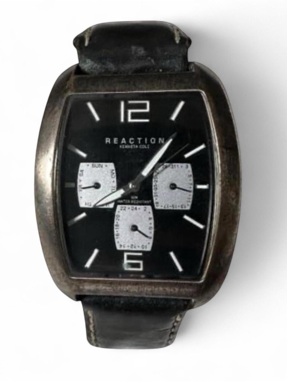 Kenneth Cole Reaction Black Dial Three-Subdial Leather Strap Watch